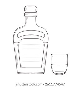Outlined illustration of a bottle and a glass with a stem. Hand drawn outlined bottle of alcohol balm and a glass filled with a liquor 