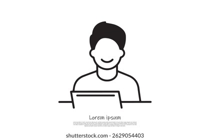 Outlined illustration of a cheerful man using a computer. The design shows the character's bust in a minimalist, icon style over transparent background. - Powered by Shutterstock - Get 15% off with code: PIKWIZARD15