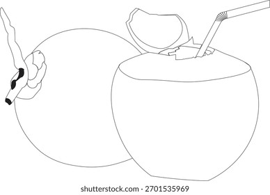 Outlined illustration of a coconut fruit with straw. Suitable for tropical food branding, summer graphics, logos, icons, and creative vector EPS designs.