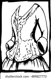 Outlined illustration of empty 18th century style dress and riding jacket