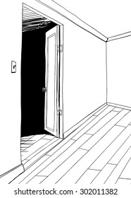 Outlined illustration of empty room with open door