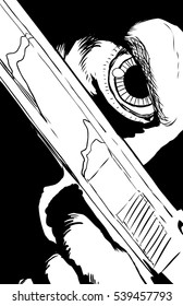 Outlined illustration of extreme close up on obscured face holding pistol under eye