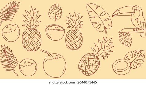 Ilustração delineada com abacaxis, cocos, folhas de palmeira, folhas de monstera, folha de bananeira, e um tucano empoleirado em um galho com folhas.