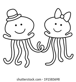 Outlined illustration of just married jelly-fishes. Vector.