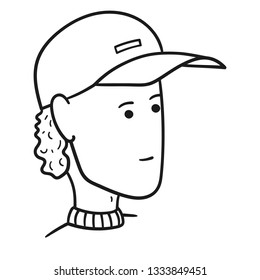 Outlined illustration of a man's face with stylish haircut in a cap
