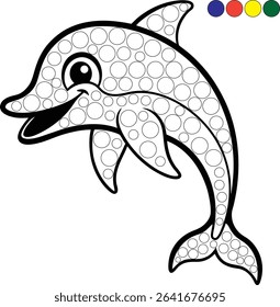 Outlined illustration of a playful dolphin filled with numerous blank circles, likely designed for coloring.