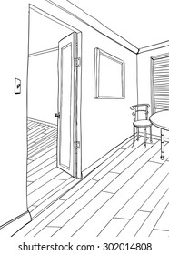 Outlined illustration of room with table and blank picture