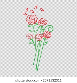 Outlined illustration of a rose bouquet with red spiral-petaled flowers and green stems on a transparent checkered background. Scattered red petals add a whimsical touch, perfect for romantic, floral,
