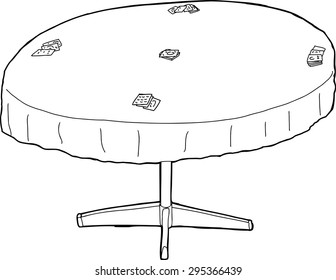 Outlined illustration of round gambling table with cards