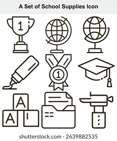 Outlined illustration showcasing school supplies, including a trophy, globe, marker, alphabet blocks, and other academic elements like a graduation cap and medal.