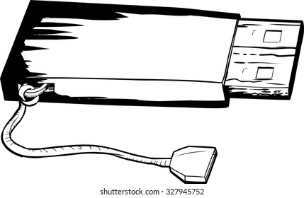 Outlined illustration of single USB flash drive with string