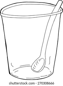 Outlined illustration of spoon inside plastic cup