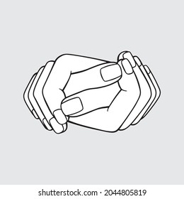 Outlined illustration of two hands in a clasp. Symbolism for hand-holding, friendship, relationship, agreement, solidarity, love, happiness, unity, and peace. Ready to use design template