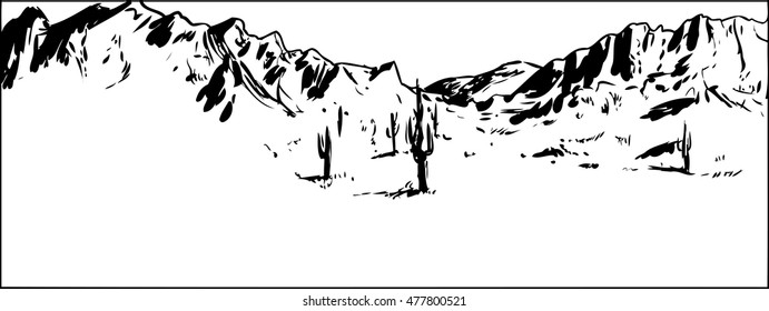 Outlined illustration of wide desert mountain landscape with clear sky