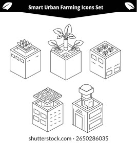 Outlined illustrations of urban farming structures, showcasing different plant cultivation methods.