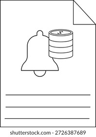 Imagem delineada de um sino de notificação ao lado de uma pilha de moedas num papel com linhas dobradas no canto