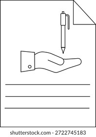 Outlined image shows a pen over a hand on a document with lines and folded corner