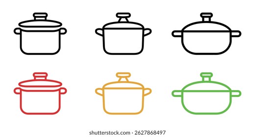 The outlined images showcase six pot icons each with a lid, varying in color, with black, red, yellow, and green highlighting cooking on a white background.