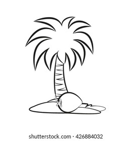 outlined island with palm tree & one coconut-vector drawing