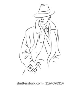 Outlined isolated silhouette of a serius man in hat and coat.