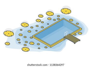 Outlined isometric garden project at bathing pond. Oasis of calm in garden of house. Swim pond with plants and rectangular swimming area. Natural garden swimming pond. Vector illustration of water sur