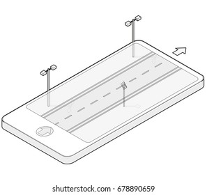 Outlined isometric road in mobile phone. Roadway transportation in communication technologies, paraphrase. Highway with street lamps, traffic sign, isolated on white background. Vector building.