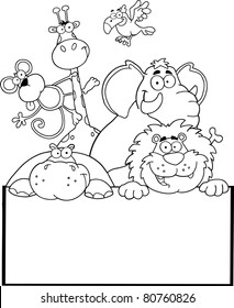 Outlined Jungle Animals With Blank Sign Board. Vector illustration