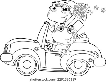 Outlined Just Married Frogs Cartoon Characters In Car. Vector Hand Drawn Illustration Isolated On Transparent Background