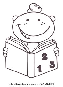 Outlined Kid Boy Reading A Book