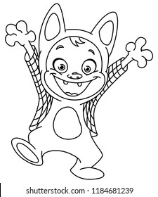 Outlined kid in a werewolf costume celebrating Halloween. Vector line art illustration coloring page.