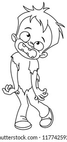 Outlined kid in a zombie costume celebrating Halloween. Vector line art illustration coloring page.