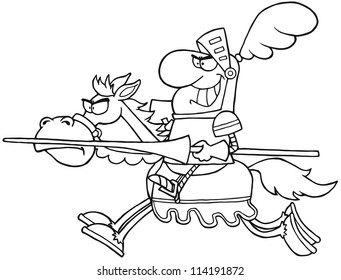 Outlined Knight Riding Horse. Vector Illustration