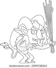 Outlined Krampus Or Christmas Devil Cartoon Character Wearing Basket Backpack Holding Rods Flogging Punishment. Vector Hand Drawn Illustration Isolated On Transparent Background