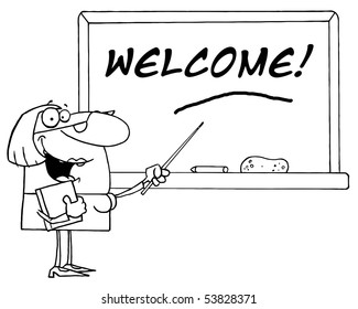 Outlined Lady School Teacher Pointing To Welcome On A Chalkboard