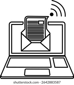 Ícone delineado do laptop com e-mail e Wi-Fi, perfeito para comunicação digital, ferramentas na nuvem ou painéis para trabalhar em casa