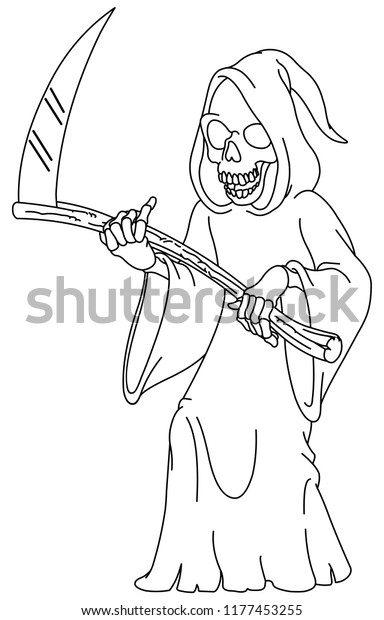 Outlined Laughing Grim Reaper Holding Scythe Stock Vector