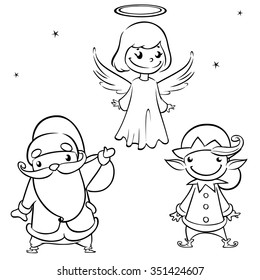 Outlined Laughing Santa Claus, angel and elf. Christmas characters