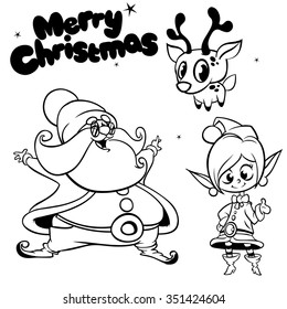 Outlined Laughing Santa Claus, reindeer and elf girl. Christmas characters
