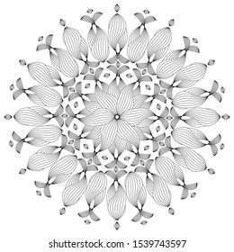 Outlined leaf shape in radial composition. Isolated floral arabesque rosette emblem. Modern flower illustration. Vector abstract art. Luxury print in adult coloring book page. Monochrome card template