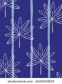 Hojas perfiladas dispuestas sobre un fondo con líneas de Vertical en un estilo moderno. El follaje estilizado crea un patrón sin fisuras con Elementos lineales. Ilustración vectorial de dibujos animados.