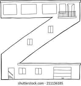Outlined letter Z as contemporary house with garage and balcony