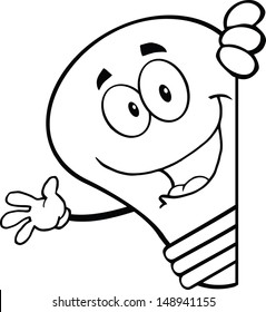 Outlined Light Bulb Cartoon Character Waving Behind A Sign