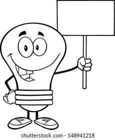 Outlined Light Bulb Cartoon Character Holding Up A Blank Sign