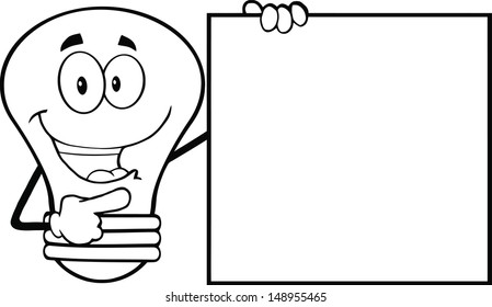 Outlined Light Bulb Cartoon Character Showing A Blank Sign