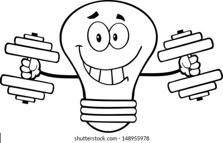 Outlined Light Bulb Cartoon Character Training With Dumbbells