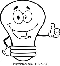 Outlined Light Bulb Cartoon Character Giving A Thumb Up