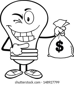 Outlined Light Bulb Cartoon Mascot Character Holding A Bag Of Money