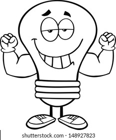 Outlined Light Bulb Cartoon Mascot Character With Muscle Arms