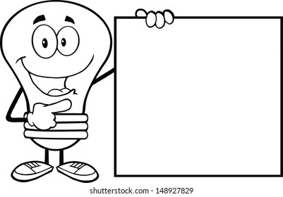 Outlined Light Bulb Cartoon Mascot Character Showing A Blank Sign