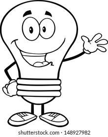 Outlined Light Bulb Cartoon Mascot Character Waving 